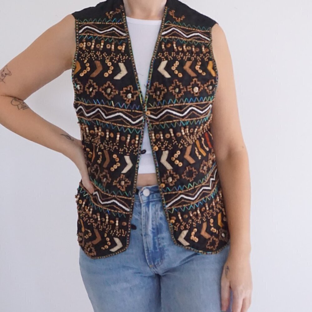 Vintage Rafaella 100% Silk Vest Black Handmade Beaded Embroidered Western M